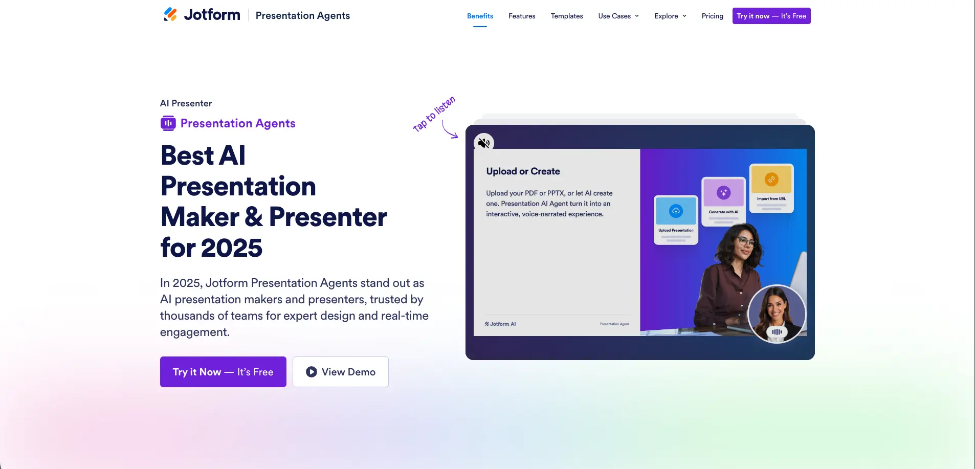 Screenshot of the Jotform Presentation Agents website