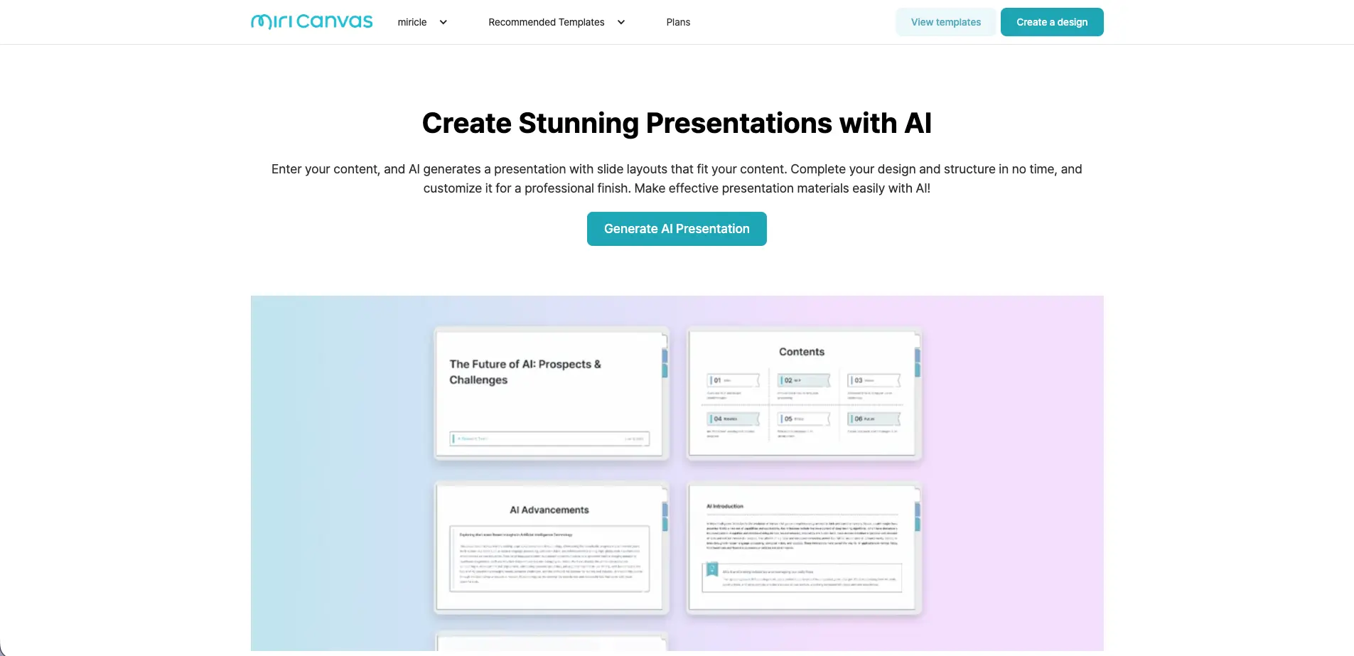 Screenshot of the miricle AI website