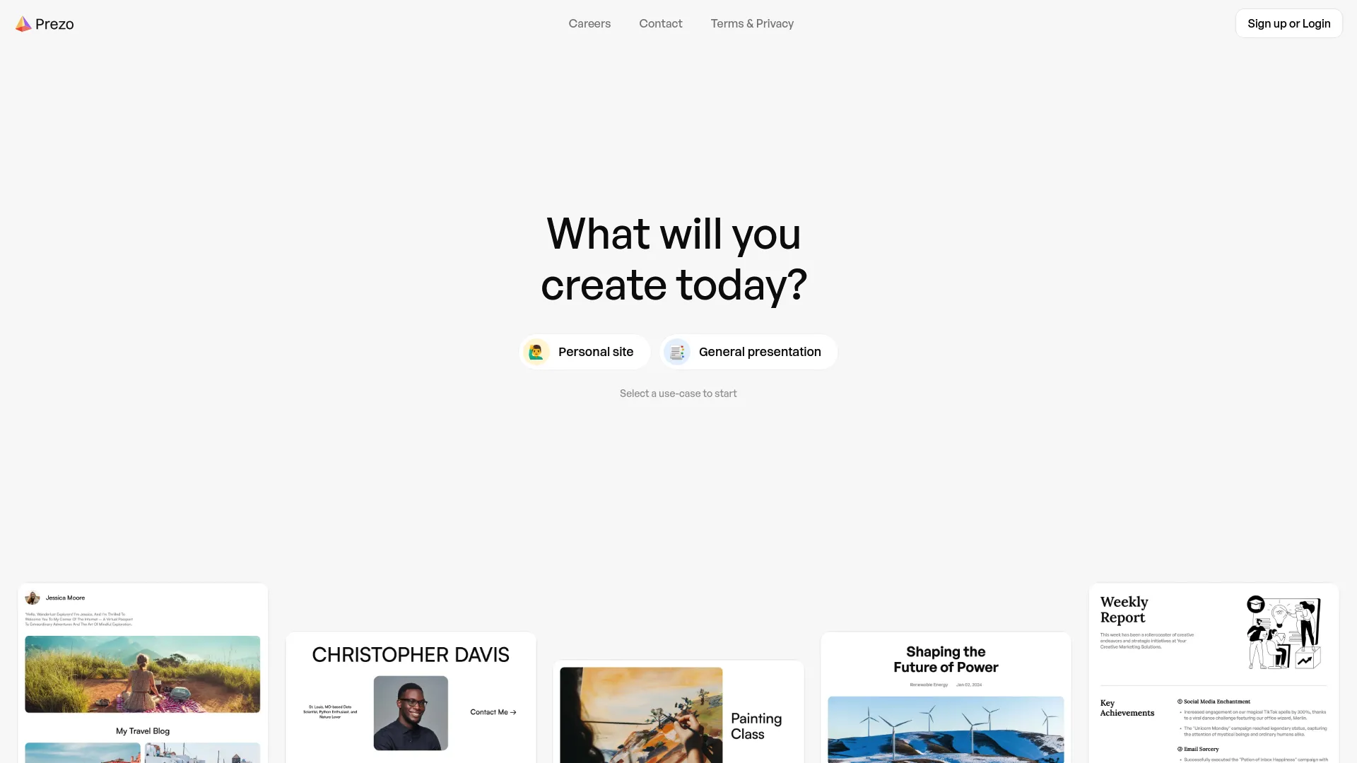 Screenshot of the Prezo website