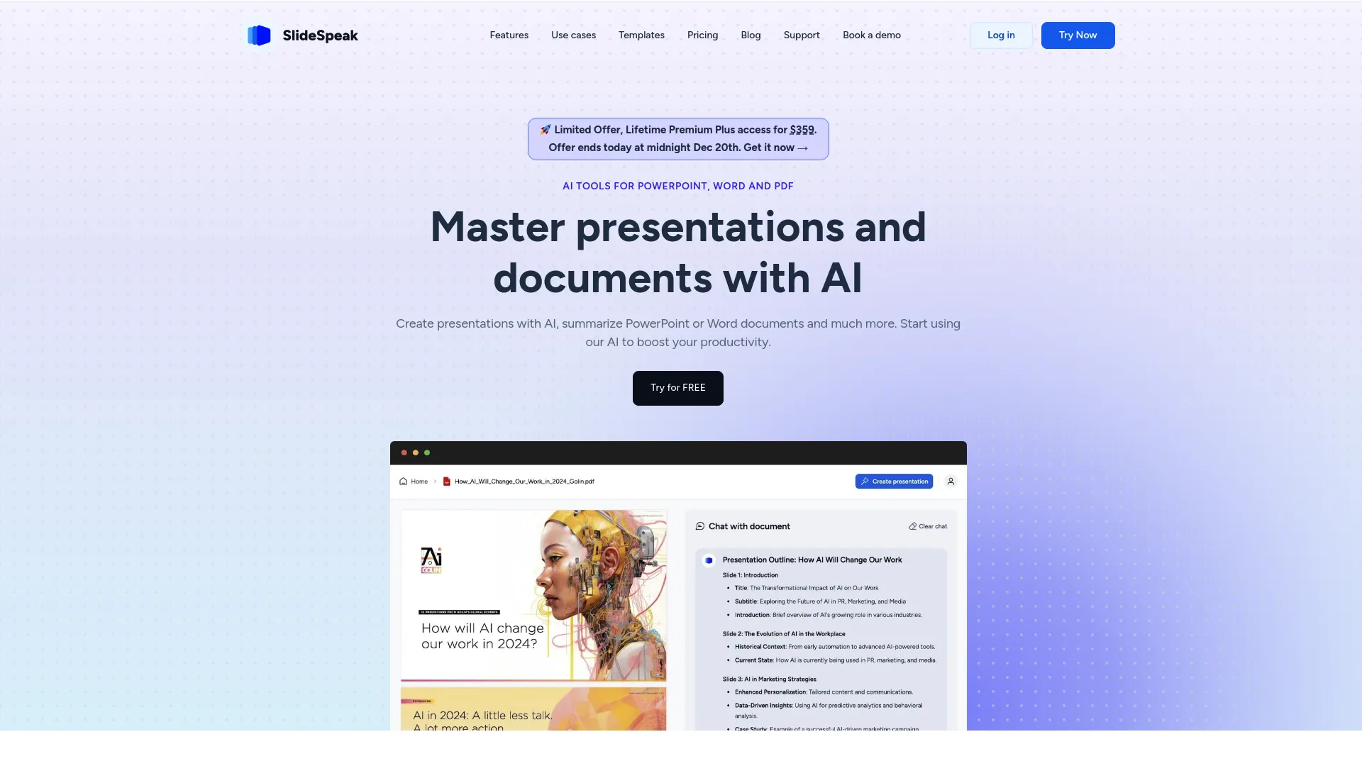 Screenshot of the SlideSpeak website